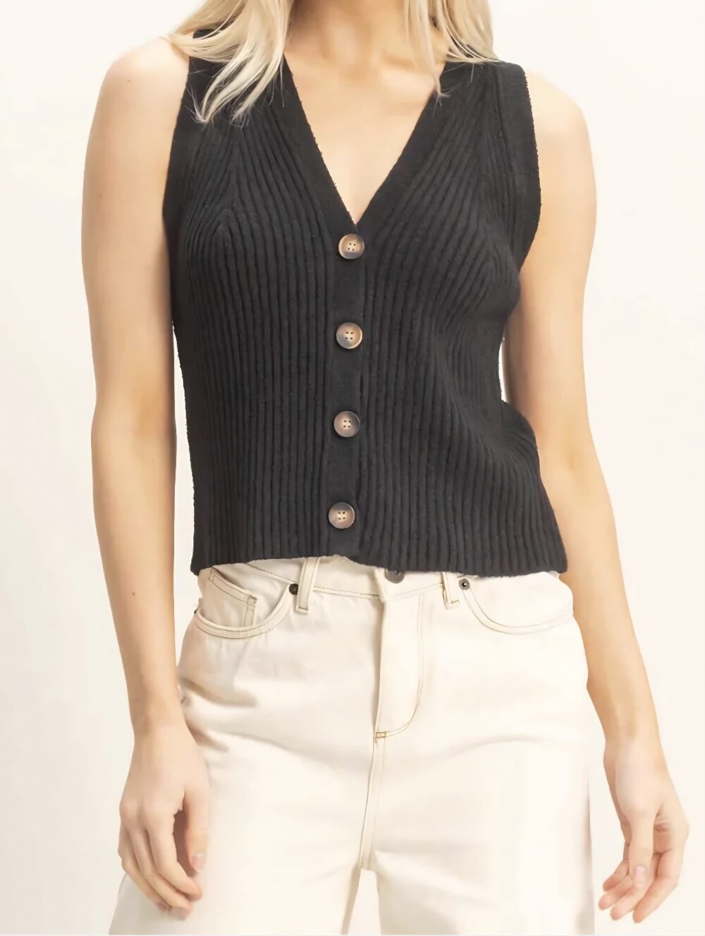 Miou Muse Button Ribbed Knit Top